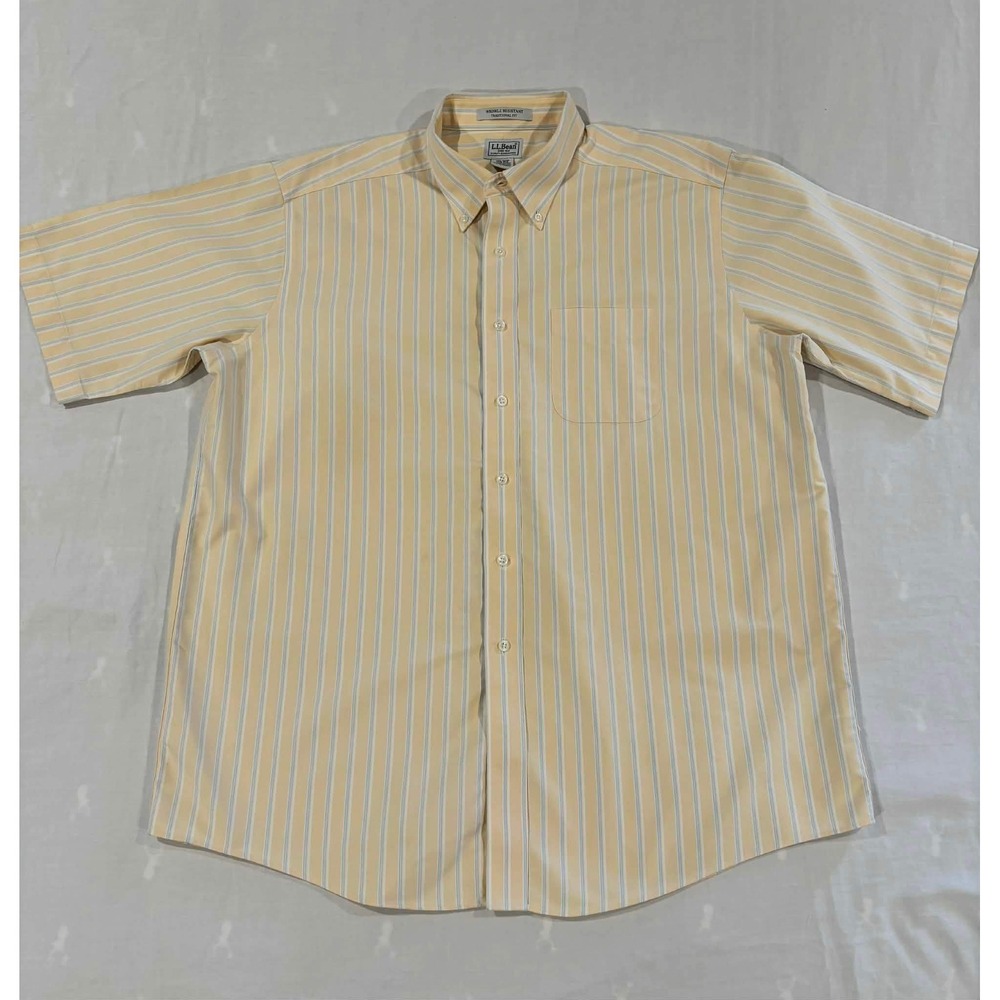 LL Bean Mens Yellow Striped Wrinkle Resistant Shirt Traditional Fit 17.5-REG